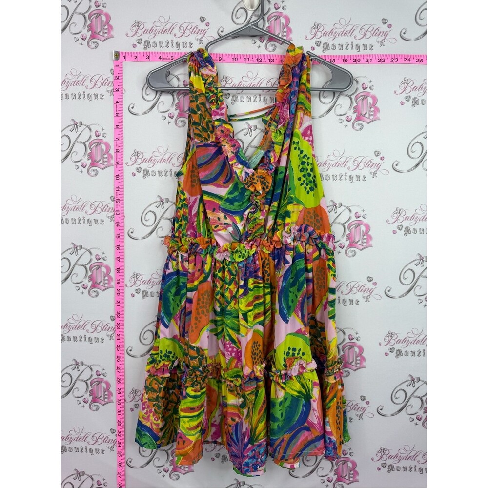 Free destinations dress Vibrant Tropical Print Ruffle Midi Dress - Pink & Green